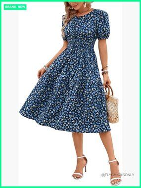 Boho Floral Smocked Waist Tiered Swing Midi Dress